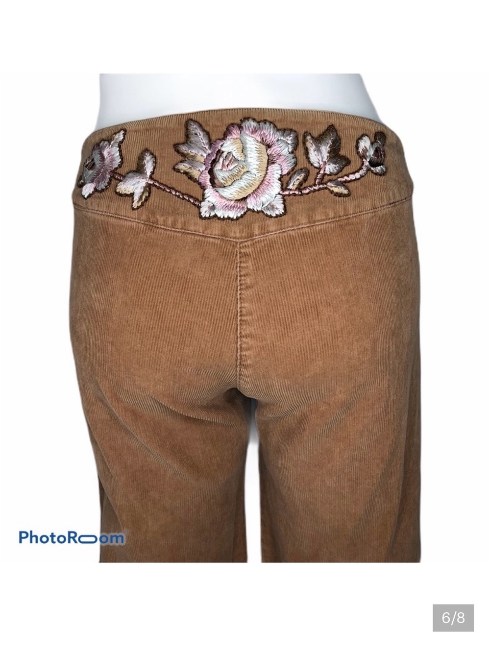 French Connection Brown Corduroy Jeans with Pink Floral Embroidery